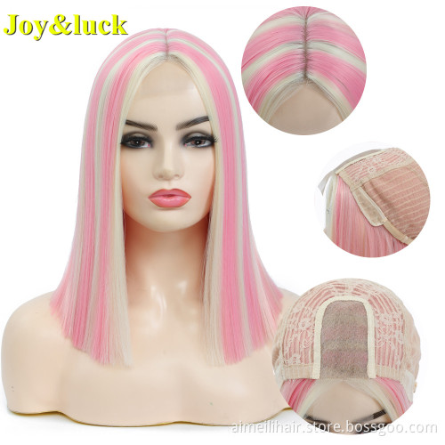 Purple Piano Wig for Women Middle Part Highlight Blonde Shoulder Length Short Bob Natural Straight Lace Front Synthetic WigS
